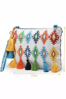 Boho White & Multi Aztec Embroidered Cotton Canvas Sling Bag