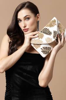 Boho Off White & Multi Botanical Embellished Cotton Canvas Sling Bag