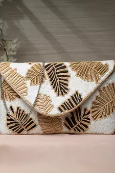Boho Off White & Multi Botanical Embellished Cotton Canvas Sling Bag