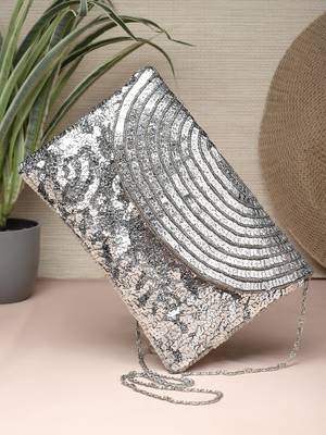 Anekaant Ghoomar Silver & Grey Sequin Embellished Suede Sling Bag 2