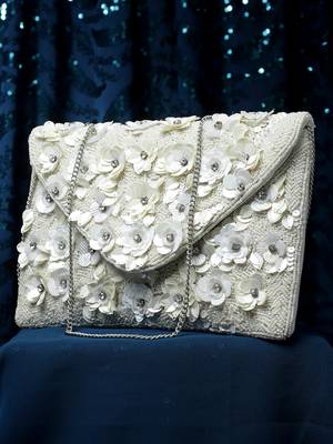 Ghoomar Off White Floral Embellished Cotton Canvas Sling Bag 2