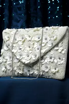 Ghoomar Off White Floral Embellished Cotton Canvas Sling Bag
