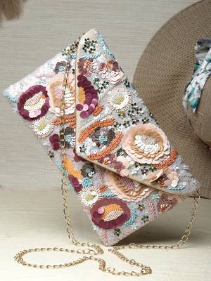 Ghoomar Cream & Pastel Multi Floral Embellished Suede Sling Bag 1