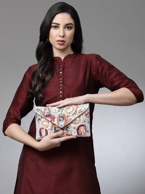 Ghoomar Cream & Pastel Multi Floral Embellished Suede Sling Bag 2