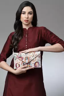 Ghoomar Cream & Pastel Multi Floral Embellished Suede Sling Bag