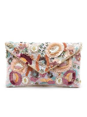 Ghoomar Cream & Pastel Multi Floral Embellished Suede Sling Bag 3