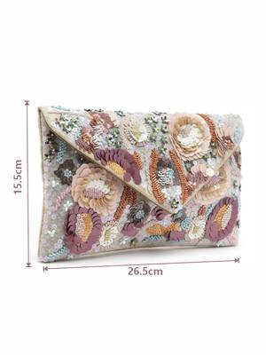 Ghoomar Cream & Pastel Multi Floral Embellished Suede Sling Bag 4