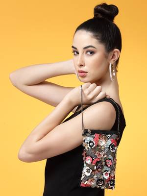 Ghoomar Black & Multi Floral Embellished Cotton Canvas Sling Bag 1