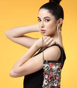 Ghoomar Black & Multi Floral Embellished Cotton Canvas Sling Bag