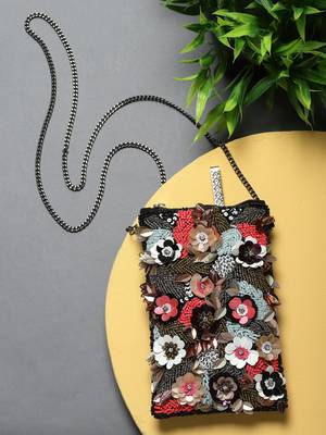 Ghoomar Black & Multi Floral Embellished Cotton Canvas Sling Bag 2