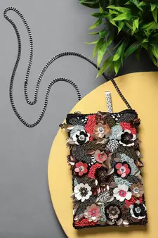 Ghoomar Black & Multi Floral Embellished Cotton Canvas Sling Bag