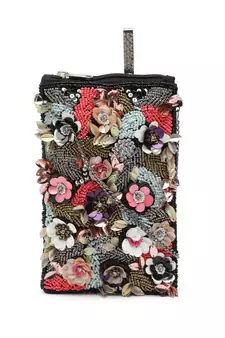 Ghoomar Black & Multi Floral Embellished Cotton Canvas Sling Bag