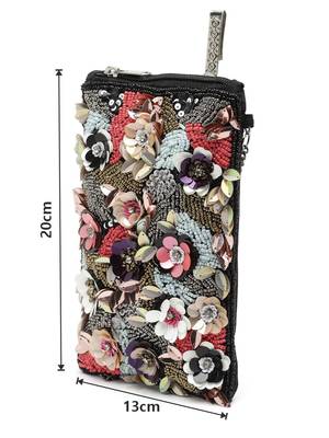 Ghoomar Black & Multi Floral Embellished Cotton Canvas Sling Bag 4