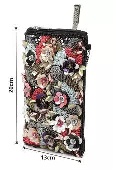 Ghoomar Black & Multi Floral Embellished Cotton Canvas Sling Bag