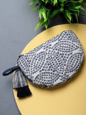 Boho Natural & Blue Abstract Jacquard Cotton Canvas Travel Pouch 2