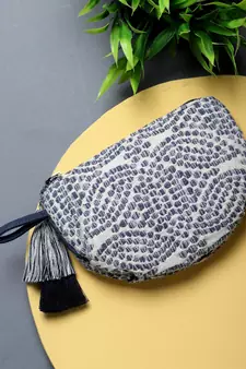 Boho Natural & Blue Abstract Jacquard Cotton Canvas Travel Pouch