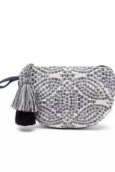 Boho Natural & Blue Abstract Jacquard Cotton Canvas Travel Pouch