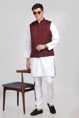 Anny's Culture Maroon Floral Pattern Polyester Wedding Nehru Jacket (Coti) 6