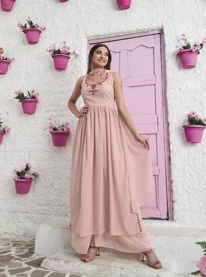 PEACH THREAD AND SEQUINCE EMBROIDERED WORK GEORGETTE ANARKALI LONG SALWAR SUIT DUPATTA STITCHED GOWN 1