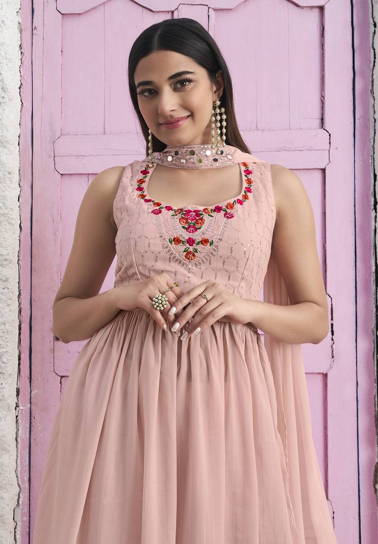 PEACH THREAD AND SEQUINCE EMBROIDERED WORK GEORGETTE ANARKALI LONG SALWAR SUIT DUPATTA STITCHED GOWN