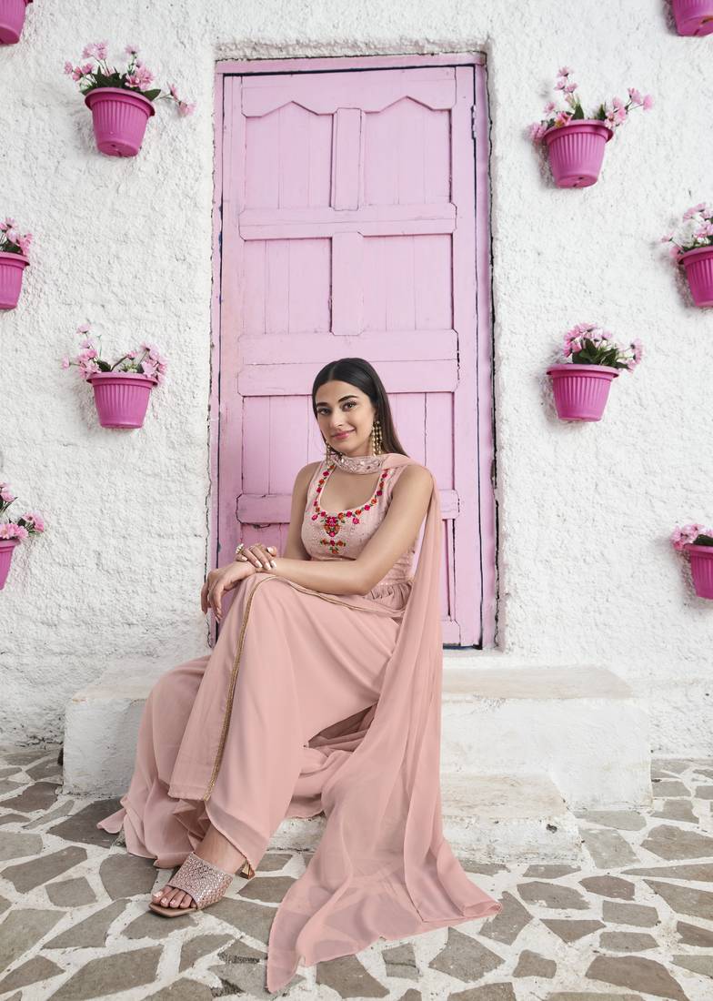 PEACH THREAD AND SEQUINCE EMBROIDERED WORK GEORGETTE ANARKALI LONG SALWAR SUIT DUPATTA STITCHED GOWN