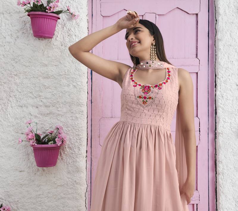 PEACH THREAD AND SEQUINCE EMBROIDERED WORK GEORGETTE ANARKALI LONG SALWAR SUIT DUPATTA STITCHED GOWN