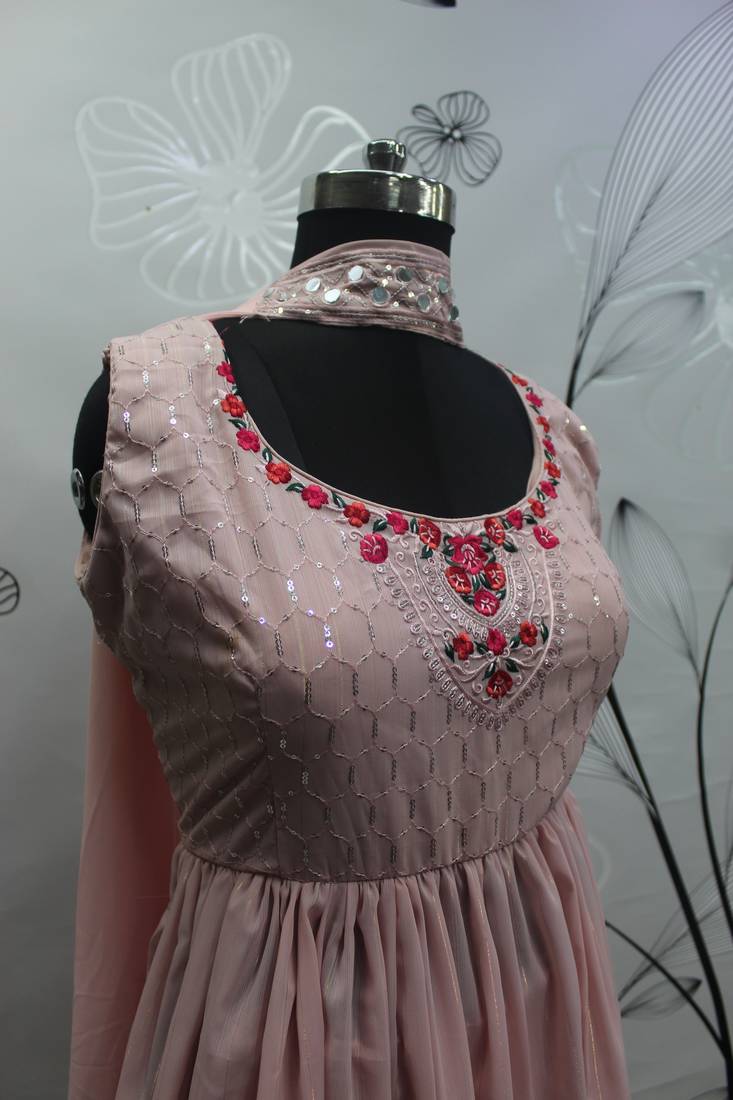 PEACH THREAD AND SEQUINCE EMBROIDERED WORK GEORGETTE ANARKALI LONG SALWAR SUIT DUPATTA STITCHED GOWN