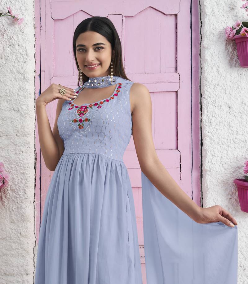 SKY BLUE THREAD AND SEQUINCE EMBROIDERED WORK GEORGETTE ANARKALI LONG SALWAR SUIT DUPATTA STITCHED GOWN
