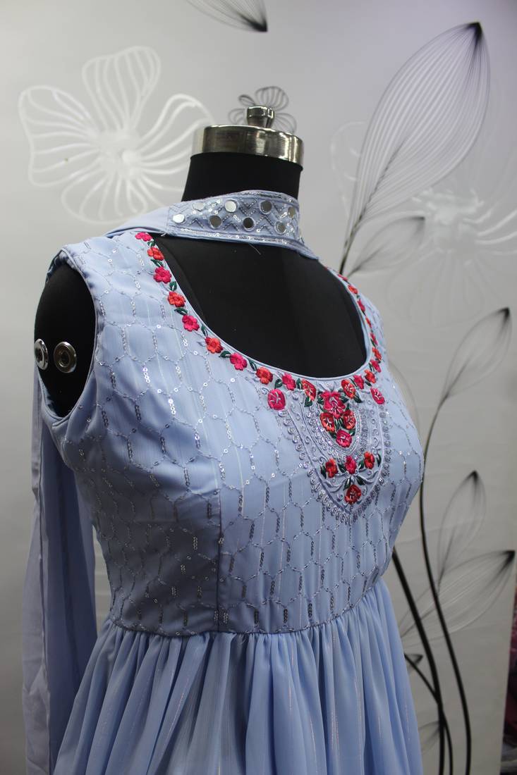 SKY BLUE THREAD AND SEQUINCE EMBROIDERED WORK GEORGETTE ANARKALI LONG SALWAR SUIT DUPATTA STITCHED GOWN