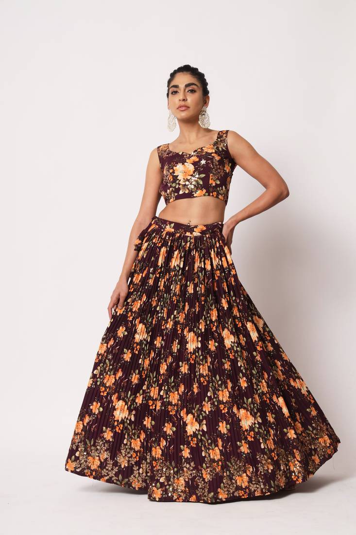 PURPLE CRUSH WITH PRINT WITH THREAD & SEQUINS EMBROIDERED ART SILK FESTIVE & PARTY WEAR SEMI STITCHED LEHENGA