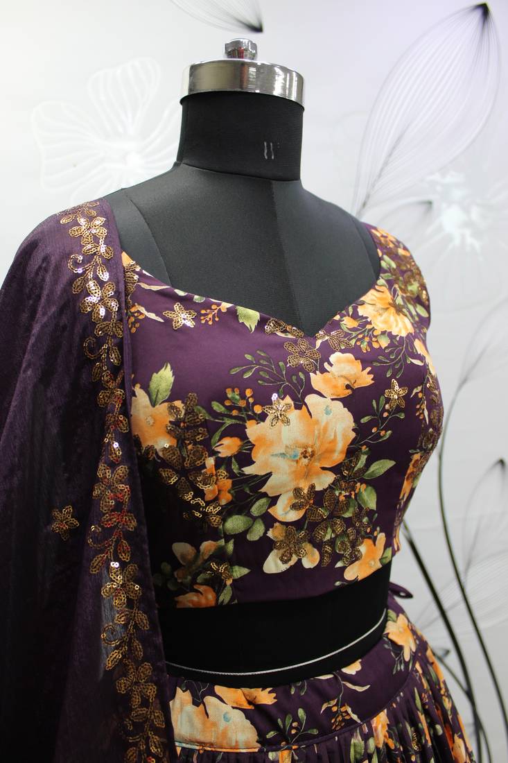 PURPLE CRUSH WITH PRINT WITH THREAD & SEQUINS EMBROIDERED ART SILK FESTIVE & PARTY WEAR SEMI STITCHED LEHENGA