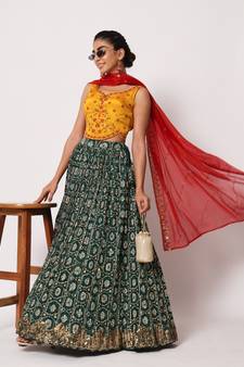 GREEN CRUSH WITH PRINT WITH THREAD & SEQUINS EMBROIDERED ART SILK FESTIVE & PARTY WEAR SEMI STITCHED LEHENGA