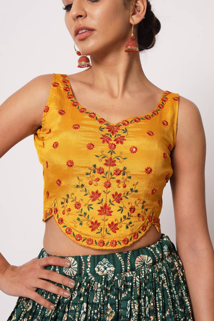 GREEN CRUSH WITH PRINT WITH THREAD & SEQUINS EMBROIDERED ART SILK FESTIVE & PARTY WEAR SEMI STITCHED LEHENGA