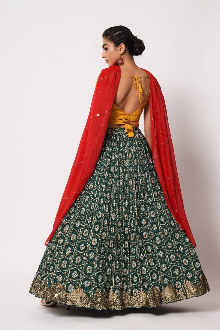 GREEN CRUSH WITH PRINT WITH THREAD & SEQUINS EMBROIDERED ART SILK FESTIVE & PARTY WEAR SEMI STITCHED LEHENGA