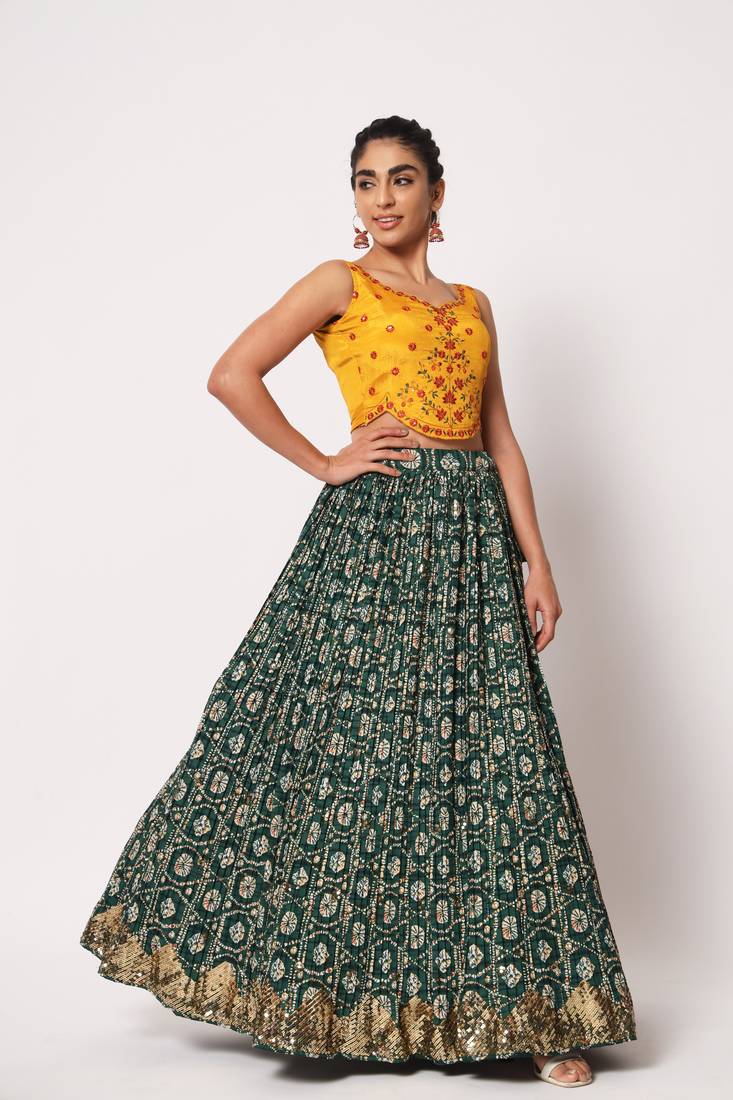 GREEN CRUSH WITH PRINT WITH THREAD & SEQUINS EMBROIDERED ART SILK FESTIVE & PARTY WEAR SEMI STITCHED LEHENGA
