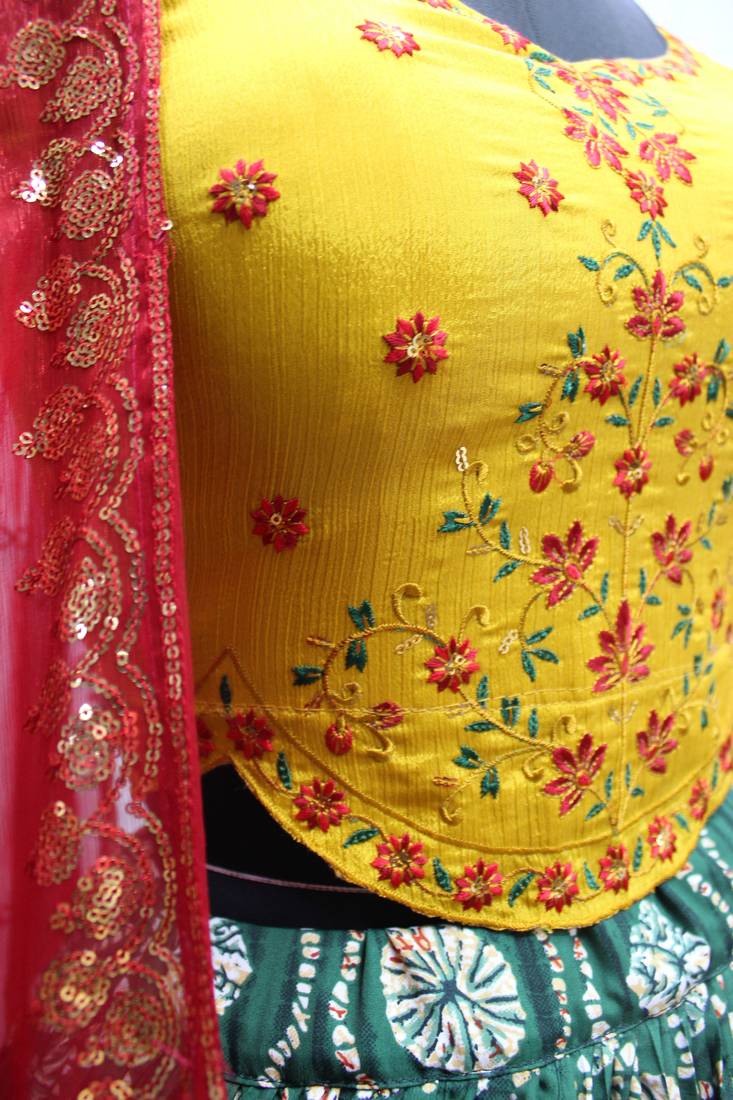 GREEN CRUSH WITH PRINT WITH THREAD & SEQUINS EMBROIDERED ART SILK FESTIVE & PARTY WEAR SEMI STITCHED LEHENGA