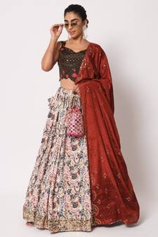 WHITE CRUSH WITH PRINT WITH THREAD & SEQUINS EMBROIDERED ART SILK FESTIVE & PARTY WEAR SEMI STITCHED LEHENGA