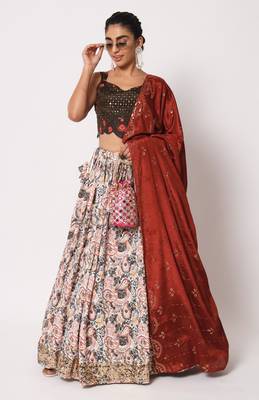 WHITE CRUSH WITH PRINT WITH THREAD & SEQUINS EMBROIDERED ART SILK FESTIVE & PARTY WEAR SEMI STITCHED LEHENGA 1