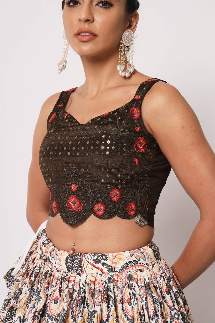 WHITE CRUSH WITH PRINT WITH THREAD & SEQUINS EMBROIDERED ART SILK FESTIVE & PARTY WEAR SEMI STITCHED LEHENGA