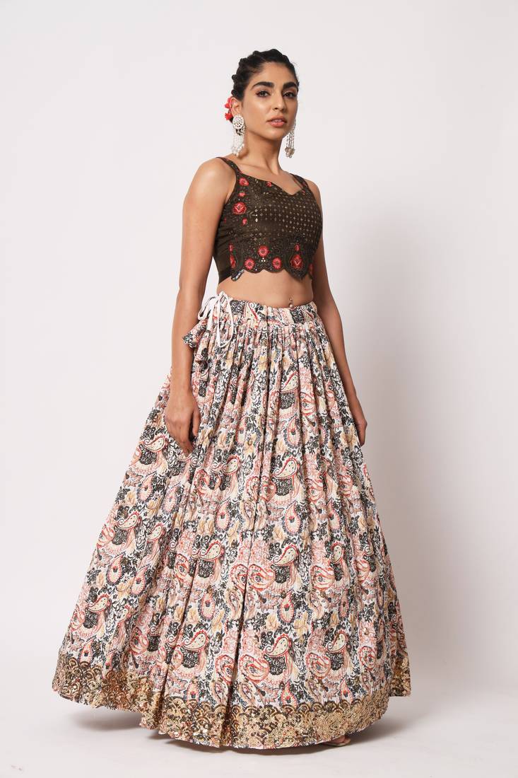 WHITE CRUSH WITH PRINT WITH THREAD & SEQUINS EMBROIDERED ART SILK FESTIVE & PARTY WEAR SEMI STITCHED LEHENGA