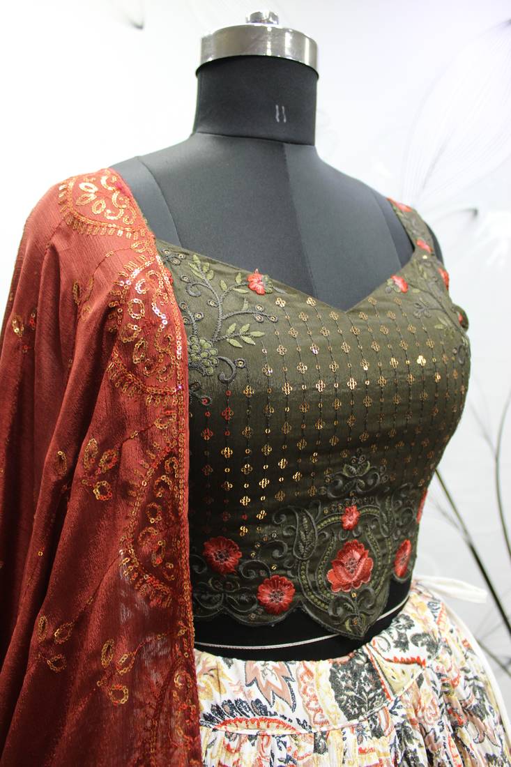 WHITE CRUSH WITH PRINT WITH THREAD & SEQUINS EMBROIDERED ART SILK FESTIVE & PARTY WEAR SEMI STITCHED LEHENGA