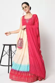 MULTICOLOR FOIL-PRINT WITH EMBROIDERED WORK CHINON CHIFFON SILK FESTIVE & PARTY WEAR SEMI STITCHED LEHENGA