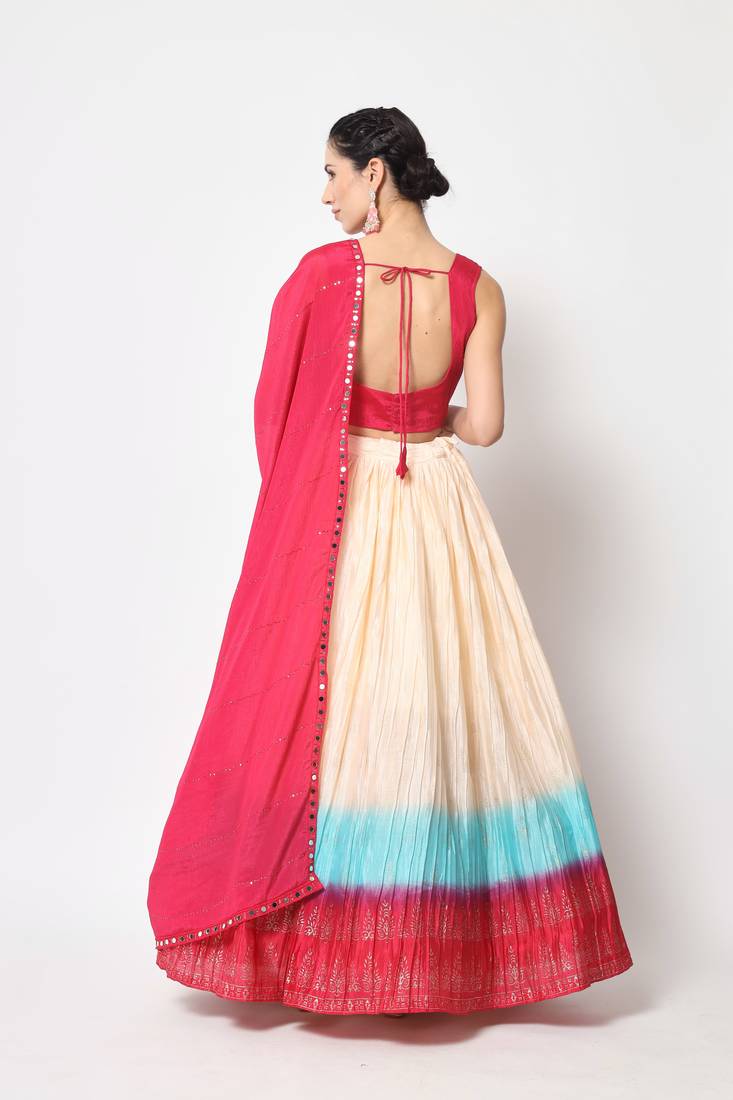 MULTICOLOR FOIL-PRINT WITH EMBROIDERED WORK CHINON CHIFFON SILK FESTIVE & PARTY WEAR SEMI STITCHED LEHENGA