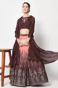 BROWN FOIL-PRINT WITH EMBROIDERED WORK CHINON CHIFFON SILK FESTIVE & PARTY WEAR SEMI STITCHED LEHENGA