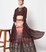BROWN FOIL-PRINT WITH EMBROIDERED WORK CHINON CHIFFON SILK FESTIVE & PARTY WEAR SEMI STITCHED LEHENGA