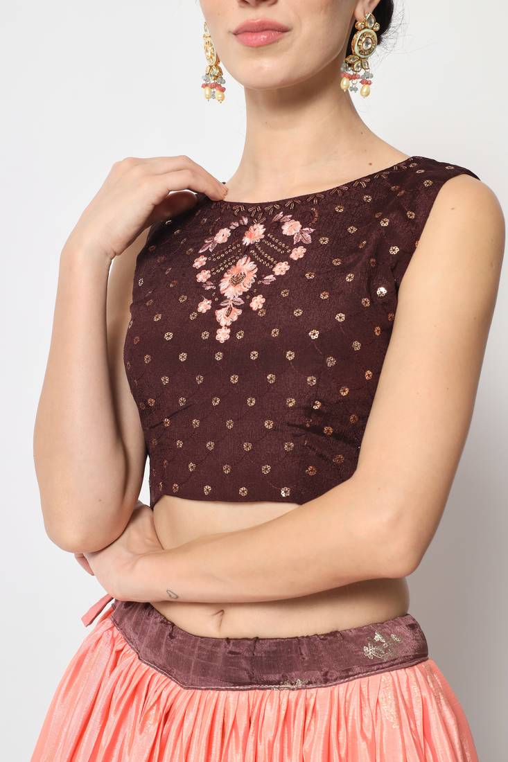 BROWN FOIL-PRINT WITH EMBROIDERED WORK CHINON CHIFFON SILK FESTIVE & PARTY WEAR SEMI STITCHED LEHENGA