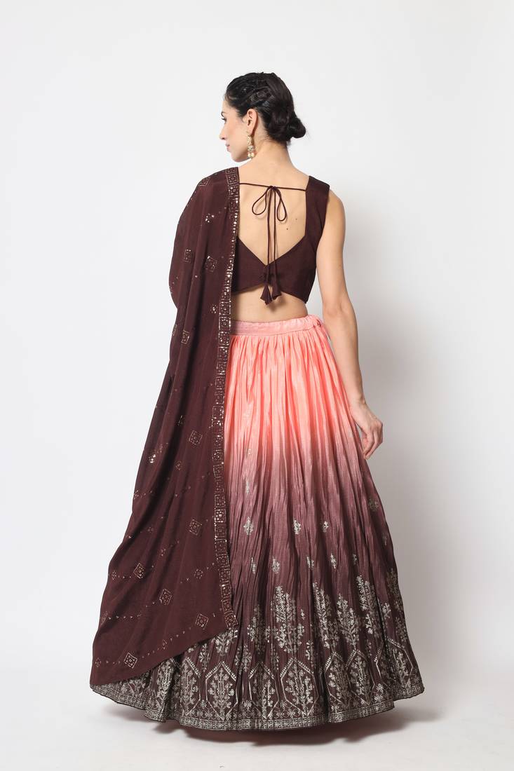 BROWN FOIL-PRINT WITH EMBROIDERED WORK CHINON CHIFFON SILK FESTIVE & PARTY WEAR SEMI STITCHED LEHENGA