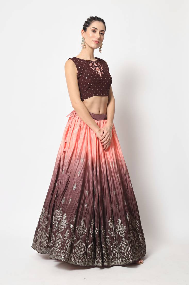 BROWN FOIL-PRINT WITH EMBROIDERED WORK CHINON CHIFFON SILK FESTIVE & PARTY WEAR SEMI STITCHED LEHENGA