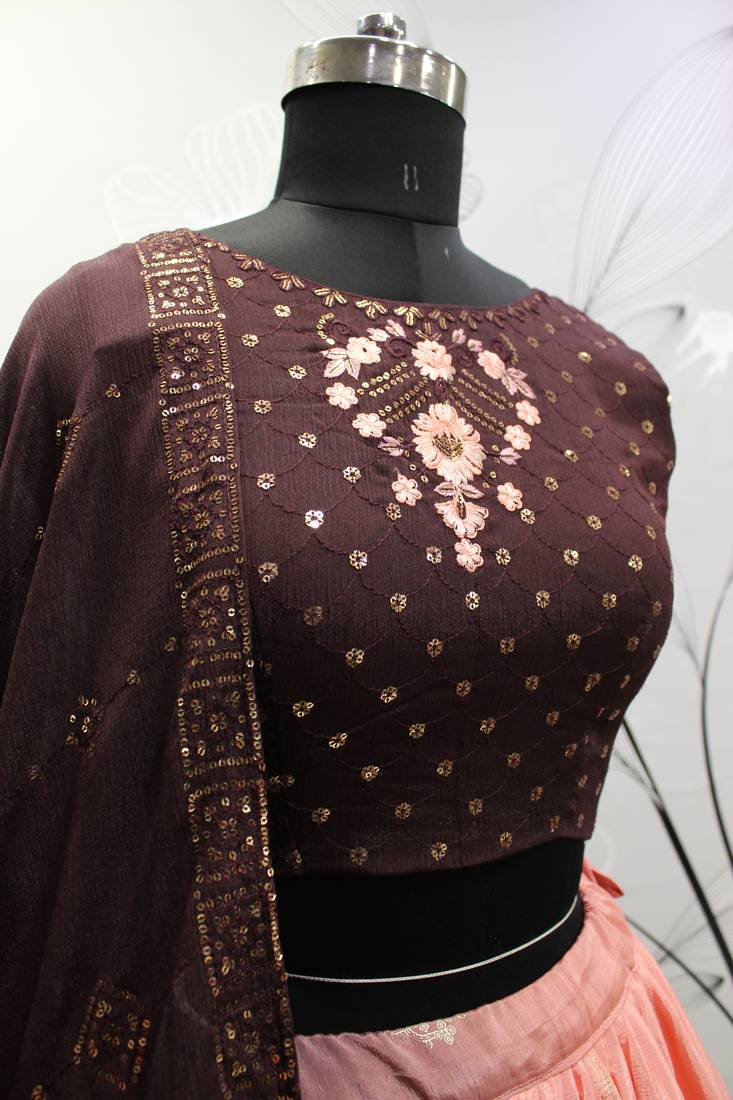 BROWN FOIL-PRINT WITH EMBROIDERED WORK CHINON CHIFFON SILK FESTIVE & PARTY WEAR SEMI STITCHED LEHENGA