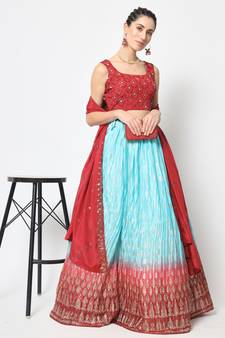 MULTICOLOR FOIL-PRINT WITH EMBROIDERED WORK CHINON CHIFFON SILK FESTIVE & PARTY WEAR SEMI STITCHED LEHENGA